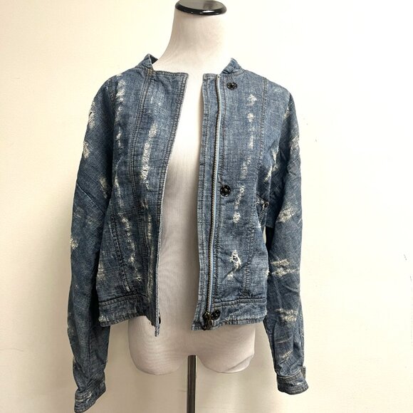 Free People blue denim distressed zip moto bomber cotton jacket New S - Picture 2 of 10